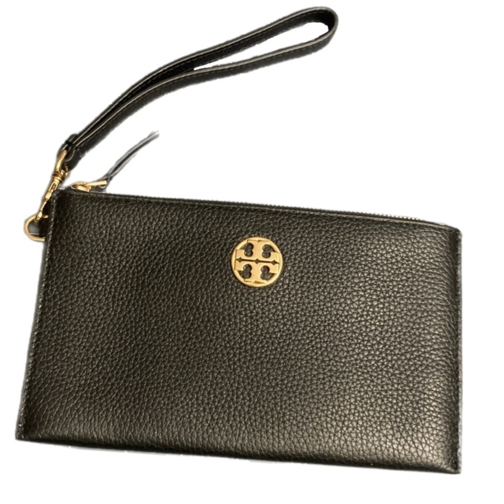 Elegant Tory Burch Chelsea Wristlet black pebbled leather gold hardware NWOT